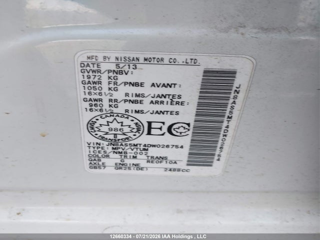 12660334 :رقم المزاد ، JN8AS5MT4DW026754 vin ، 2013 Nissan Rogue S/sv مزاد بيع