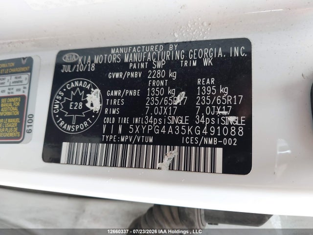 12660337 :رقم المزاد ، 5XYPG4A35KG491088 vin ، 2019 Kia Sorento 2.4l Lx مزاد بيع