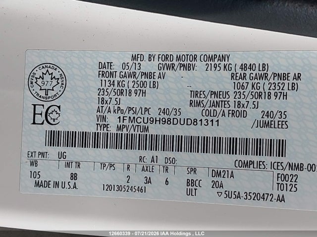 Aukcja sprzedaży 2013 Ford Escape Sel, vin: 1FMCU9H98DUD81311, numer aukcji: 12660339