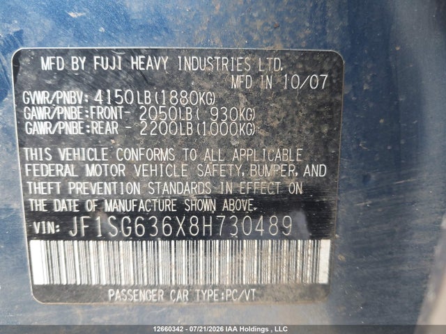 Продаж на аукціоні авто 2008 Subaru Forester 2.5x, vin: JF1SG636X8H730489, номер лоту: 12660342