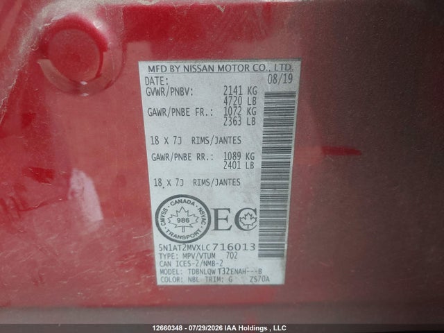Продаж на аукціоні авто 2020 Nissan Rogue S/sl/sv, vin: 5N1AT2MVXLC716013, номер лоту: 12660348
