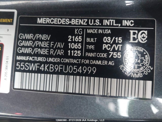 12660360 :رقم المزاد ، 55SWF4KB9FU054999 vin ، 2015 Mercedes-benz C 300 4matic مزاد بيع