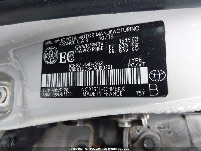 Продаж на аукціоні авто 2018 Toyota Yaris Se, vin: VNKKTUD36JA100201, номер лоту: 12660363