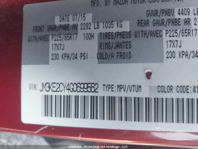 12660364 :رقم المزاد ، JM3KE2CY4G0699562 vin ، 2016 Mazda Cx-5 Touring مزاد بيع