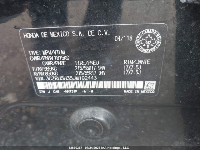 2018 Honda Hr-v Lx მანქანა იყიდება აუქციონზე, vin: 3CZRU5H35JM102443, აუქციონის ნომერი: 12660367