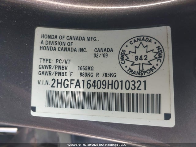 2009 Honda Civic მანქანა იყიდება აუქციონზე, vin: 2HGFA16409H010321, აუქციონის ნომერი: 12660370