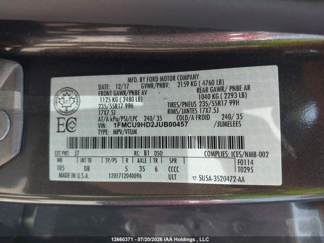 Продажа на аукционе авто 2018 Ford Escape, vin: 1FMCU9HD2JUB00457, номер лота: 12660371