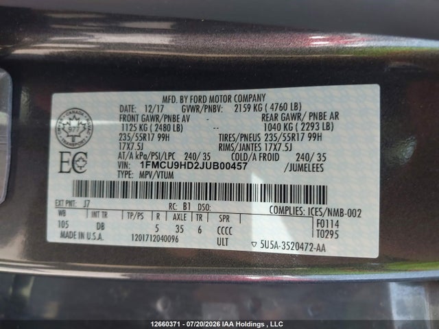 Продажа на аукционе авто 2018 Ford Escape, vin: 1FMCU9HD2JUB00457, номер лота: 12660371