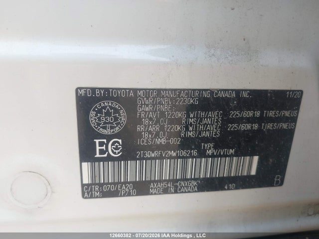 2021 Toyota Rav4 Hybrid Limited მანქანა იყიდება აუქციონზე, vin: 2T3DWRFV2MW106216, აუქციონის ნომერი: 12660382