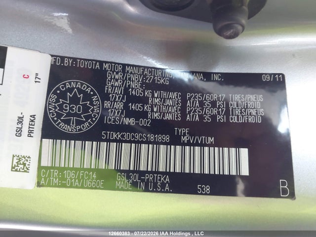 Продажа на аукционе авто 2012 Toyota Sienna Le 8 Passenger, vin: 5TDKK3DC9CS181898, номер лота: 12660383