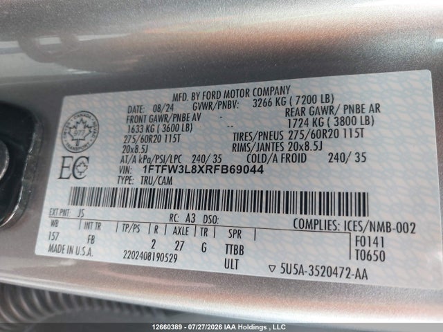 2024 Ford F-150 Xlt მანქანა იყიდება აუქციონზე, vin: 1FTFW3L8XRFB69044, აუქციონის ნომერი: 12660389