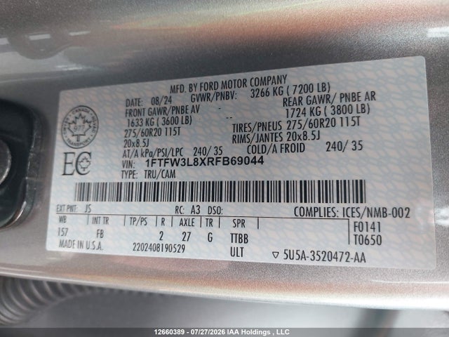 2024 Ford F-150 Xlt მანქანა იყიდება აუქციონზე, vin: 1FTFW3L8XRFB69044, აუქციონის ნომერი: 12660389