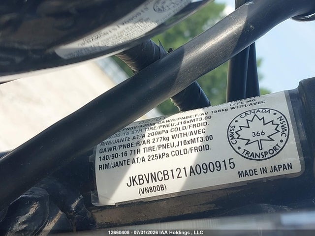 2001 Kawasaki Vn800 B მანქანა იყიდება აუქციონზე, vin: JKBVNCB121A090915, აუქციონის ნომერი: 12660408