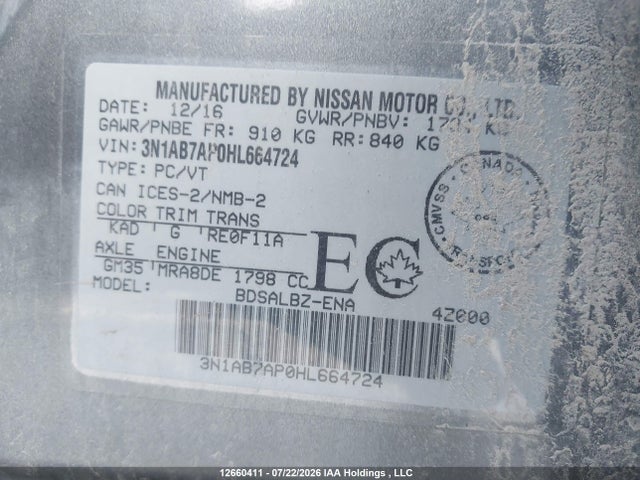 3N1AB7AP0HL664724 Nissan Sentra S/sv/sr/sl