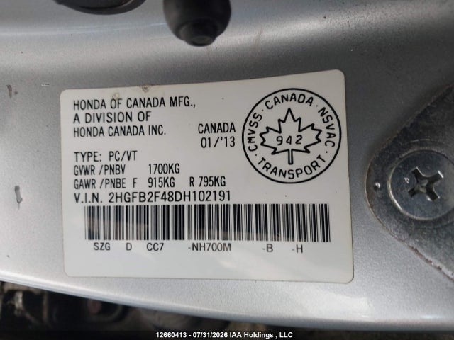 Auction sale of the 2013 Honda Civic Lx, vin: 2HGFB2F48DH102191, lot number: 12660413