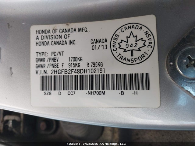 Auction sale of the 2013 Honda Civic Lx, vin: 2HGFB2F48DH102191, lot number: 12660413