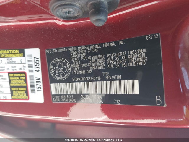 2012 Toyota Sienna Le 8 Passenger მანქანა იყიდება აუქციონზე, vin: 5TDKK3DC0CS245116, აუქციონის ნომერი: 12660415