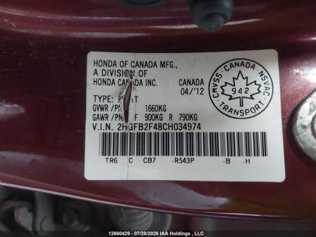 Продажа на аукционе авто 2012 Honda Civic Lx, vin: 2HGFB2F48CH034974, номер лота: 12660429