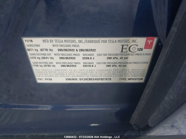 Tesla Model X 60d/70d/75d/90d/p100d 2016 5YJXCBE24GF027676 Image 9