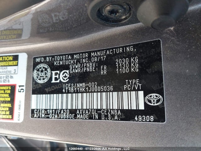 2018 Toyota Camry მანქანა იყიდება აუქციონზე, vin: 4T1B11HK1JU005036, აუქციონის ნომერი: 12660440
