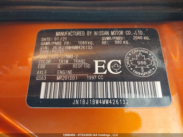Продажа на аукционе авто 2021 Nissan Qashqai, vin: JN1BJ1BW4MW426132, номер лота: 12660454