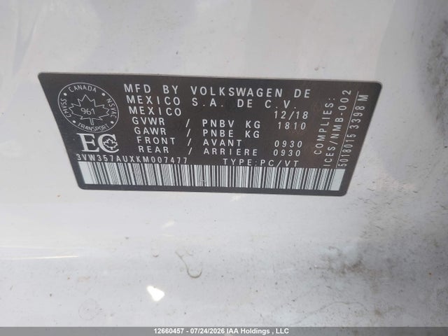 2019 Volkswagen Golf 1.4 Tsi Execline მანქანა იყიდება აუქციონზე, vin: 3VW357AUXKM007477, აუქციონის ნომერი: 12660457