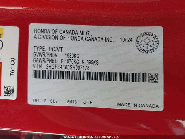 Honda Civic 2025 2HGFE4F88SH007178 Image 9