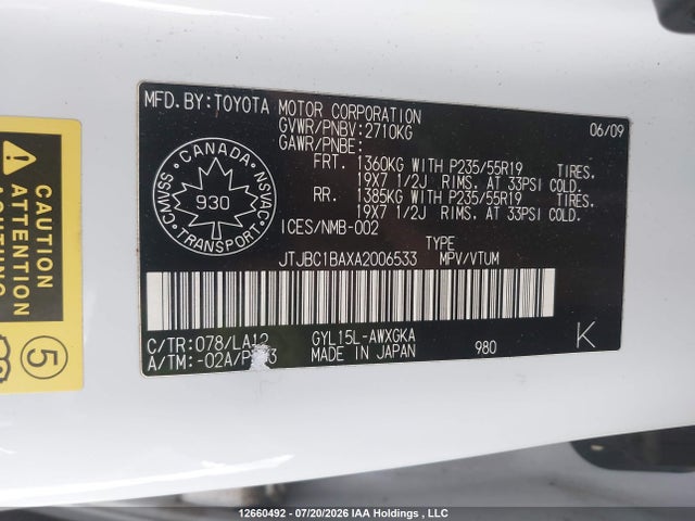 Aukcja sprzedaży 2010 Lexus Rx 450, vin: JTJBC1BAXA2006533, numer aukcji: 12660492