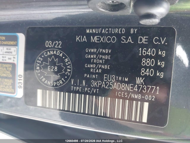 Продаж на аукціоні авто 2022 Kia Rio Lx Premium/lx+, vin: 3KPA25AD8NE473771, номер лоту: 12660498