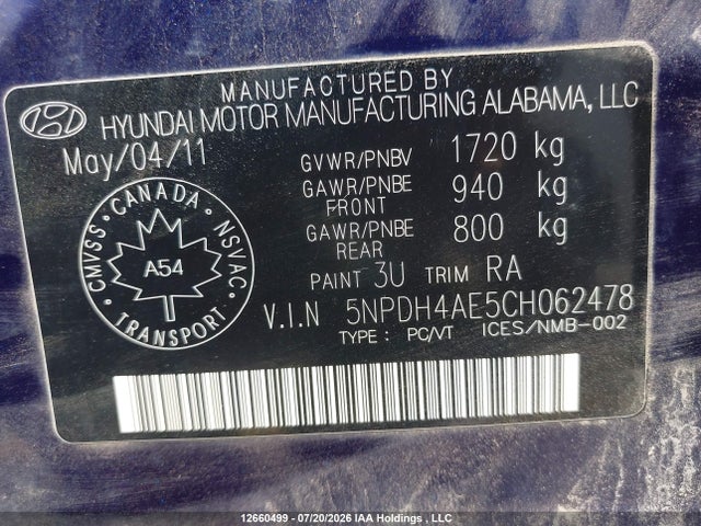 2012 Hyundai Elantra მანქანა იყიდება აუქციონზე, vin: 5NPDH4AE5CH062478, აუქციონის ნომერი: 12660499