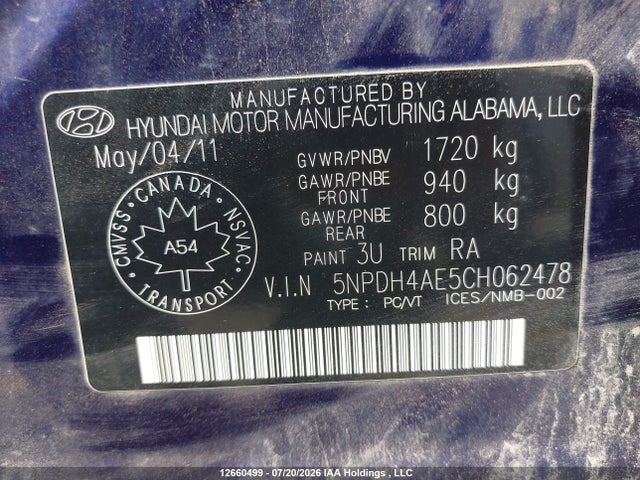 2012 Hyundai Elantra მანქანა იყიდება აუქციონზე, vin: 5NPDH4AE5CH062478, აუქციონის ნომერი: 12660499