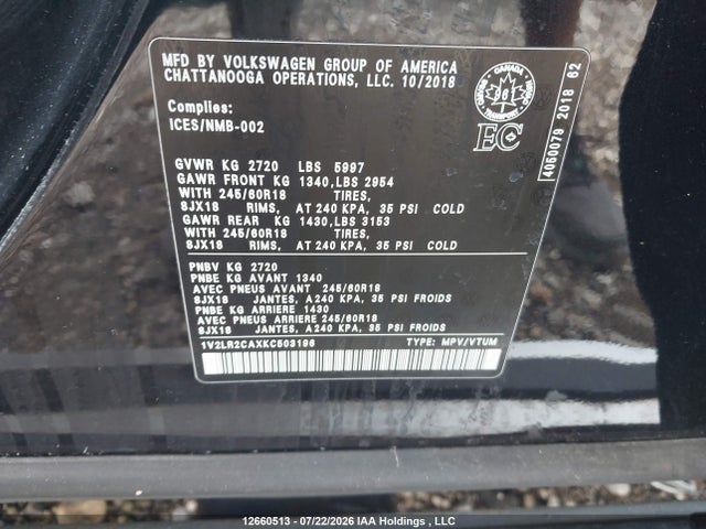 12660513 :رقم المزاد ، 1V2LR2CAXKC503196 vin ، 2019 Volkswagen Atlas مزاد بيع