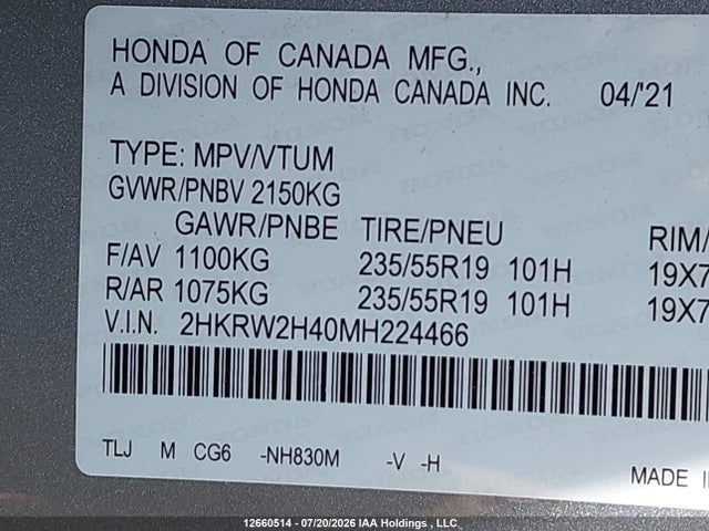 2HKRW2H40MH224466 Honda Cr-v Sport