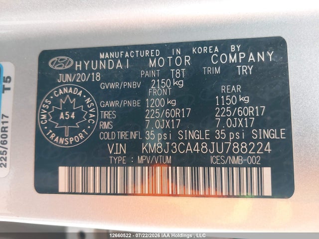 Продаж на аукціоні авто 2018 Hyundai Tucson Limited/sport And Eco/se, vin: KM8J3CA48JU788224, номер лоту: 12660522