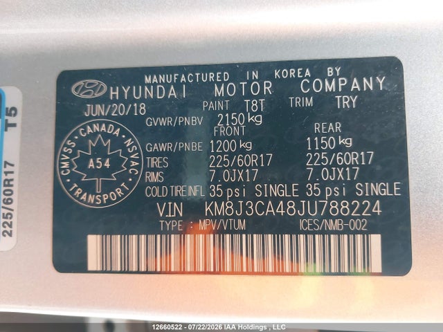 Продаж на аукціоні авто 2018 Hyundai Tucson Limited/sport And Eco/se, vin: KM8J3CA48JU788224, номер лоту: 12660522