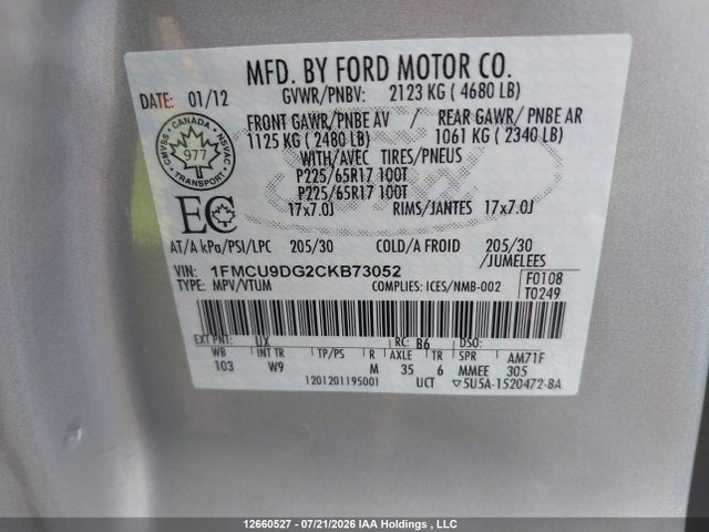 Aukcja sprzedaży 2012 Ford Escape Xlt, vin: 1FMCU9DG2CKB73052, numer aukcji: 12660527