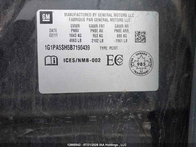 2011 Chevrolet Cruze Ls მანქანა იყიდება აუქციონზე, vin: 1G1PA5SH5B7190439, აუქციონის ნომერი: 12660542