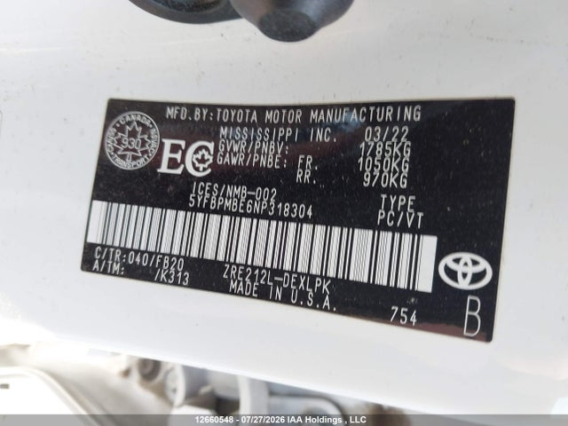 12660548 :رقم المزاد ، 5YFBPMBE6NP318304 vin ، 2022 Toyota Corolla Le/xle مزاد بيع