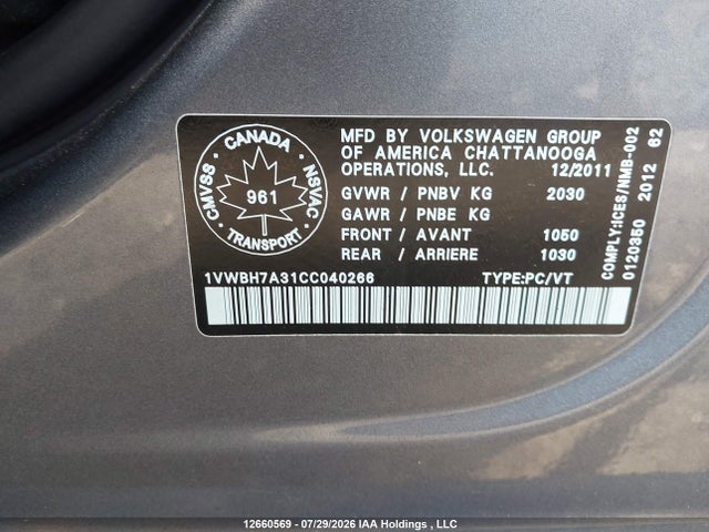 2012 Volkswagen Passat 2.5l Comfortline მანქანა იყიდება აუქციონზე, vin: 1VWBH7A31CC040266, აუქციონის ნომერი: 12660569
