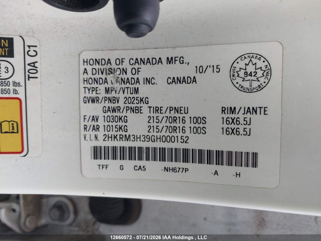 Продаж на аукціоні авто 2016 Honda Cr-v Lx, vin: 2HKRM3H39GH000152, номер лоту: 12660572