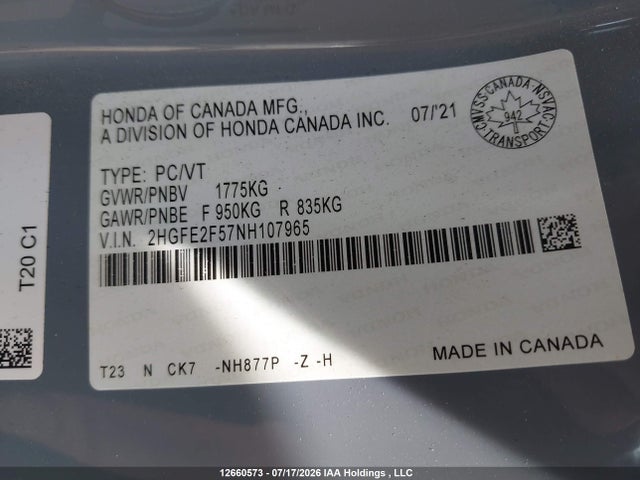 2HGFE2F57NH107965 Honda Civic Sport