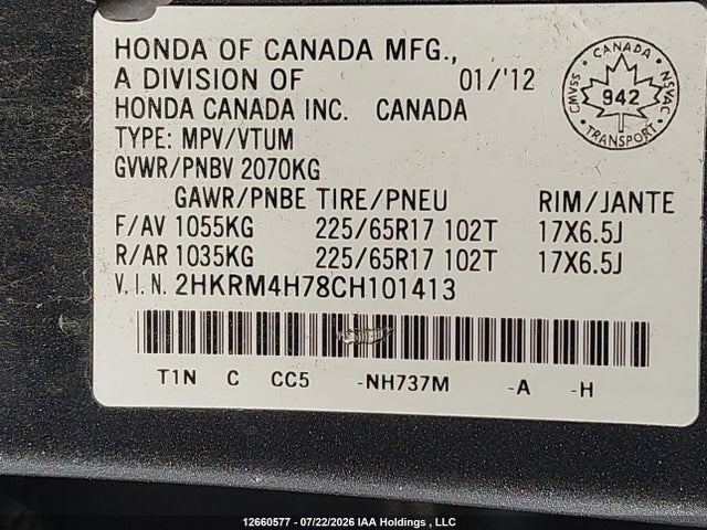 2012 Honda Cr-v Exl მანქანა იყიდება აუქციონზე, vin: 2HKRM4H78CH101413, აუქციონის ნომერი: 12660577