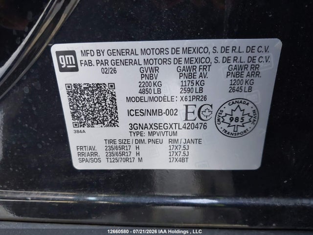 12660580 :رقم المزاد ، 3GNAXSEGXTL420476 vin ، 2026 Chevrolet Equinox Activ مزاد بيع