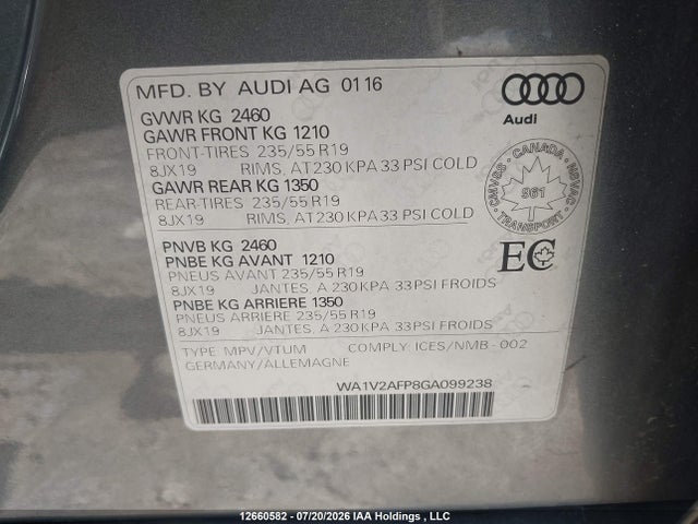 Продаж на аукціоні авто 2016 Audi Q5 Technik, vin: WA1V2AFP8GA099238, номер лоту: 12660582