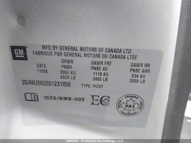 Aukcja sprzedaży 2009 Buick Allure Cxl, vin: 2G4WJ582091231858, numer aukcji: 12660593