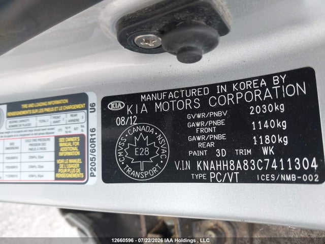 12660596 :رقم المزاد ، KNAHH8A83C7411304 vin ، 2012 Kia Rondo مزاد بيع