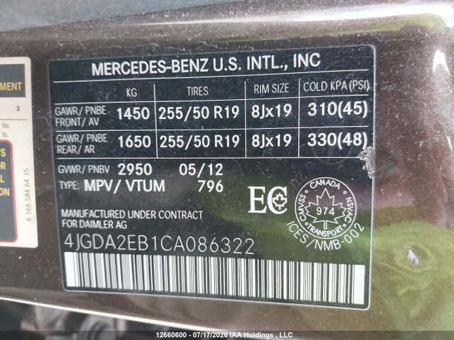 Aukcja sprzedaży 2012 Mercedes-benz Ml 350 Bluetec 4matic, vin: 4JGDA2EB1CA086322, numer aukcji: 12660600