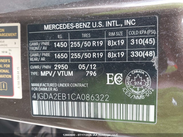 Aukcja sprzedaży 2012 Mercedes-benz Ml 350 Bluetec 4matic, vin: 4JGDA2EB1CA086322, numer aukcji: 12660600