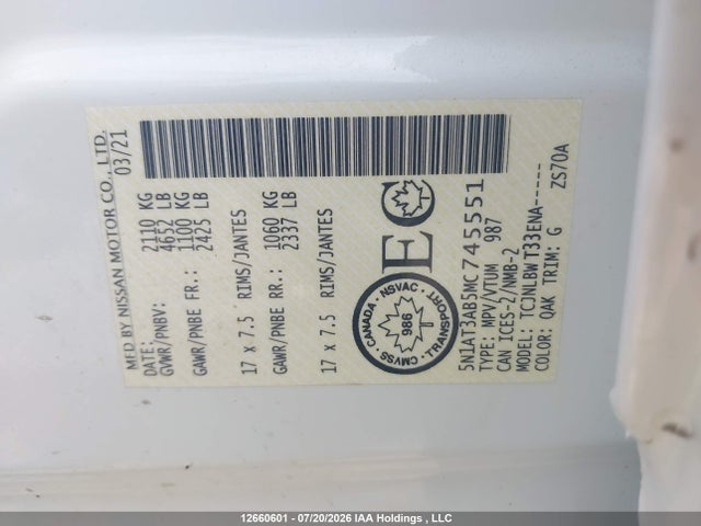 12660601 :رقم المزاد ، 5N1AT3AB5MC745551 vin ، 2021 Nissan Rogue S مزاد بيع