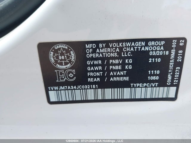Aukcja sprzedaży 2018 Volkswagen Passat 3.6l Vr6 Gt, vin: 1VWJM7A34JC032151, numer aukcji: 12660604